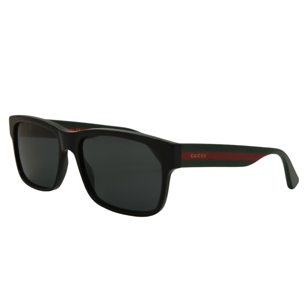 Black sunglasses with a Gucci logo on the arm against a white background