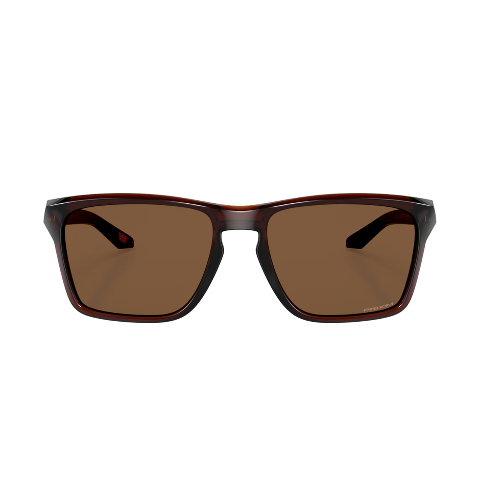 A pair of square sunglasses with a translucent dark brown and black acetate frame and brown lenses, shown from the front on a solid white background.