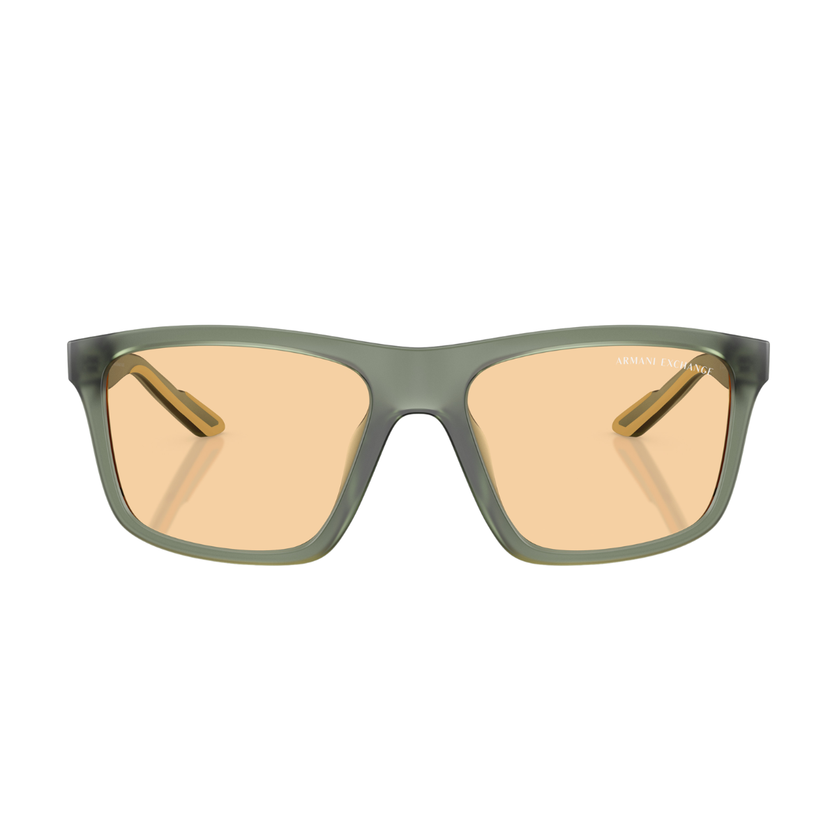 Sunglasses with green frame and orange-tinted lenses on a white background