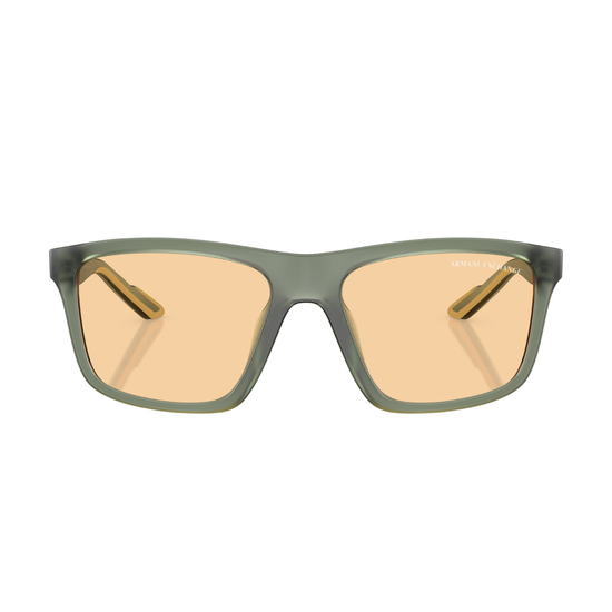 Sunglasses with green frame and orange-tinted lenses on a white background