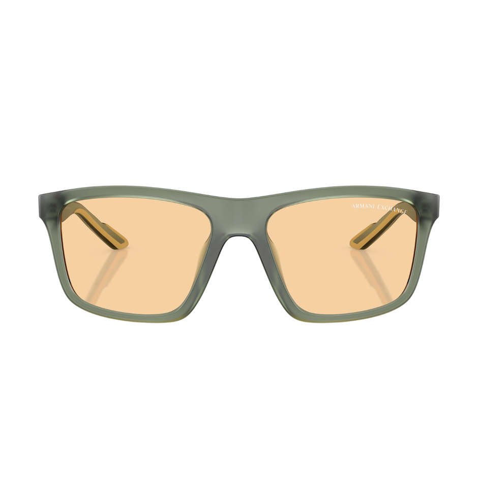 Sunglasses with green frame and orange-tinted lenses on a white background