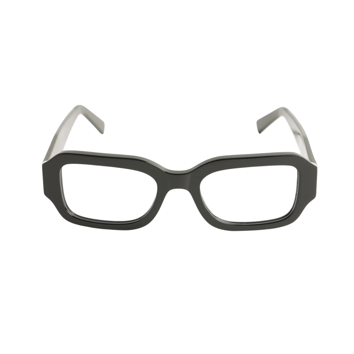 A pair of thick, oversized square eyeglass frames in a matte dark gray color, shown from the front on a plain white background.