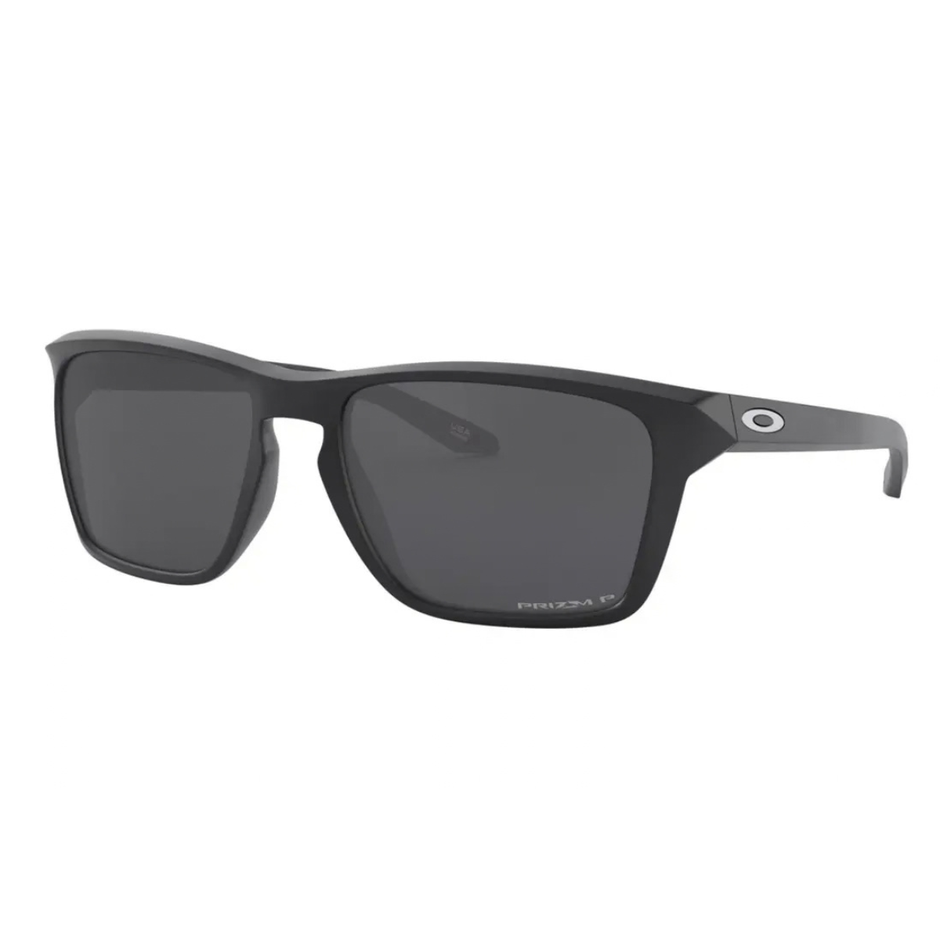 Black sunglasses with a brand logo on a white background