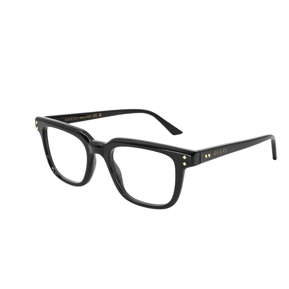 Black eyeglasses with a Gucci logo on a white background