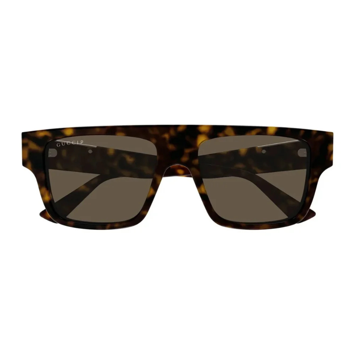 Sunglasses with tortoiseshell frame and dark lenses on a white background