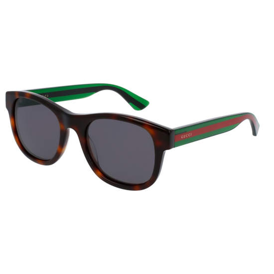 Sunglasses with tortoiseshell frame and green accents on a white background